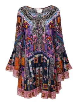 Camilla - Black & Multi Color Print Beaded Trim Tunic Dress Sz L