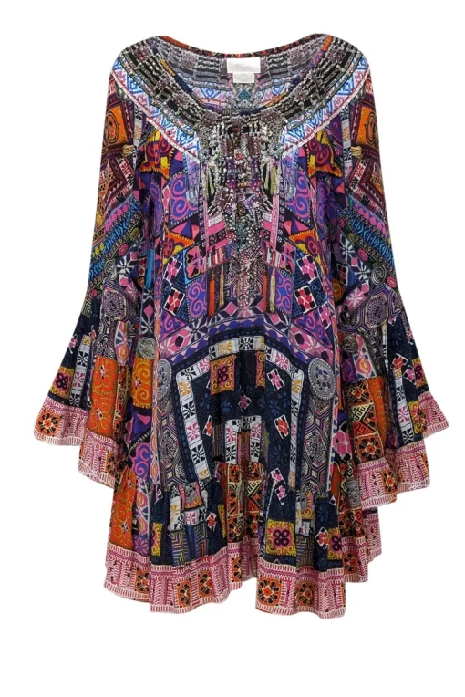 Camilla - Black & Multi Color Print Beaded Trim Tunic Dress Sz L