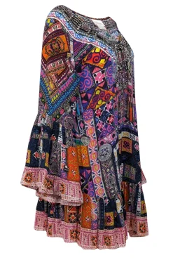 Camilla - Black & Multi Color Print Beaded Trim Tunic Dress Sz L