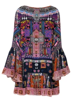 Camilla - Black & Multi Color Print Beaded Trim Tunic Dress Sz L
