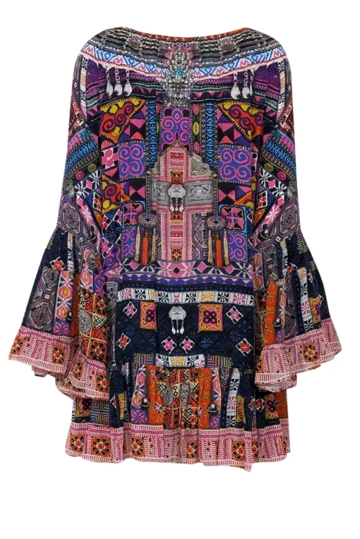Camilla - Black & Multi Color Print Beaded Trim Tunic Dress Sz L