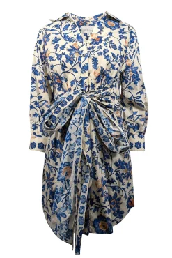 Cara Cara - Blue & Cream Floral Print Poplin Dress Sz S