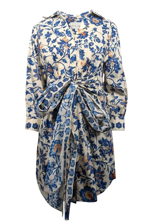Cara Cara - Blue & Cream Floral Print Poplin Dress Sz S