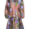 Cara Cara - Caramel Brown w/ Multicolor Floral Print Linen Mini Dress Sz XL