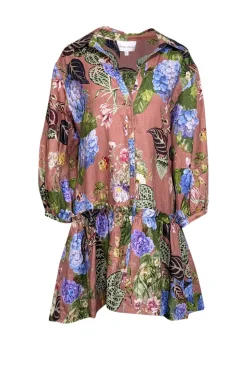 Cara Cara - Caramel Brown w/ Multicolor Floral Print Linen Mini Dress Sz XL
