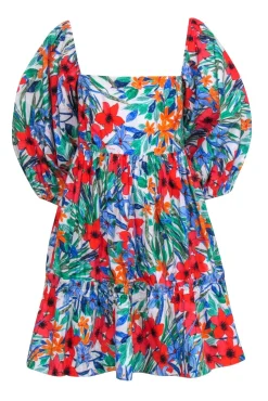 Cara Cara - White w/ Multi Color Floral Print Puff Sleeve Dress Sz XL