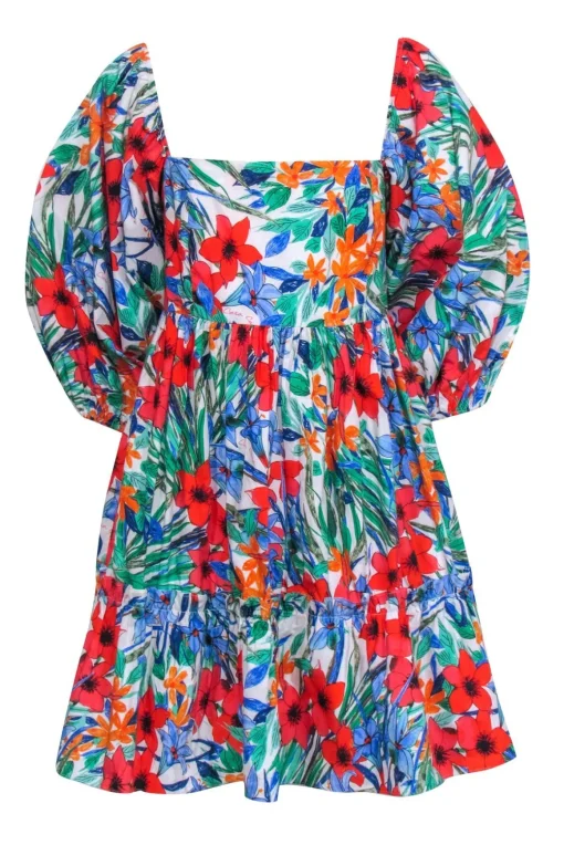 Cara Cara - White w/ Multi Color Floral Print Puff Sleeve Dress Sz XL