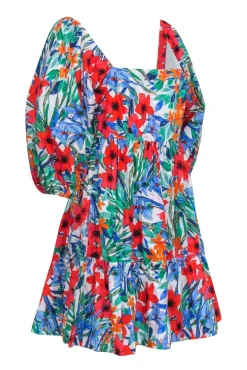 Cara Cara - White w/ Multi Color Floral Print Puff Sleeve Dress Sz XL