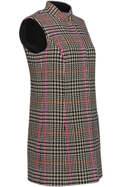 Carlisle - Beige & Multicolor Houndstooth Plaid Button-Up Longline Vest Sz 6