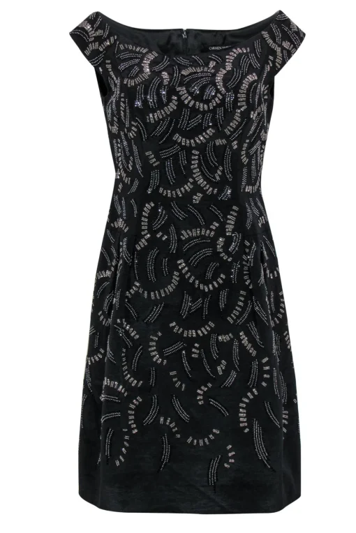 Carmen Marc Valvo - Black Boat Neck Beaded Sheath Dress Sz 6