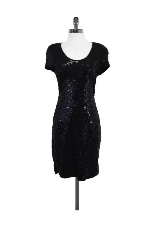 Carmen Marc Valvo - Black Sequin Short Sleeve Dress Sz XS