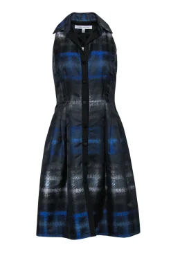 Carmen Marc Valvo - Black & Blue Printed A-Line Collared Dress Sz 2