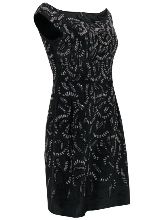 Carmen Marc Valvo - Black Boat Neck Beaded Sheath Dress Sz 6
