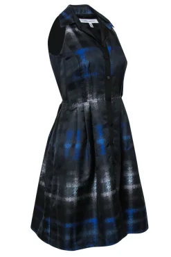 Carmen Marc Valvo - Black & Blue Printed A-Line Collared Dress Sz 2