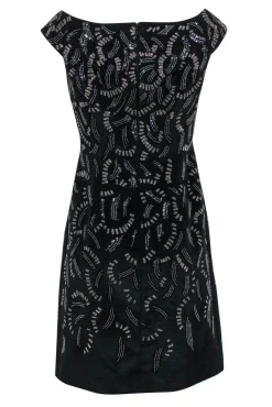 Carmen Marc Valvo - Black Boat Neck Beaded Sheath Dress Sz 6