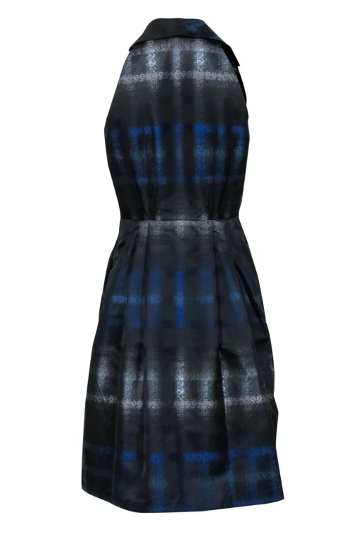Carmen Marc Valvo - Black & Blue Printed A-Line Collared Dress Sz 2