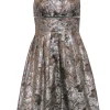 Carmen Marc Valvo - Taupe & Silver Pleated A-Line Dress w/ Rhinestones Sz 4