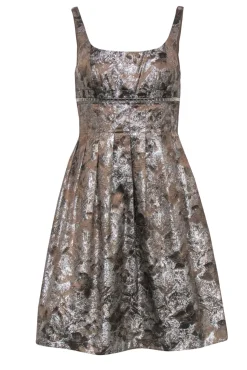 Carmen Marc Valvo - Taupe & Silver Pleated A-Line Dress w/ Rhinestones Sz 4