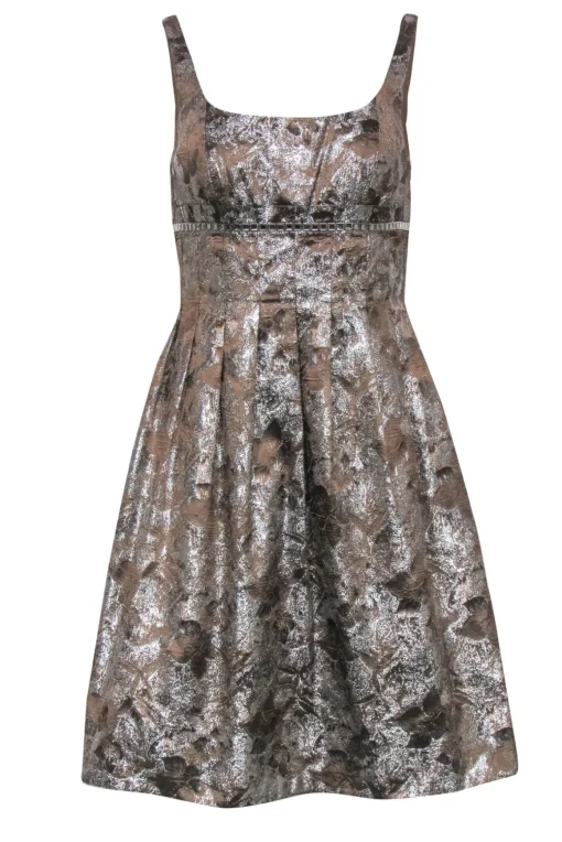 Carmen Marc Valvo - Taupe & Silver Pleated A-Line Dress w/ Rhinestones Sz 4