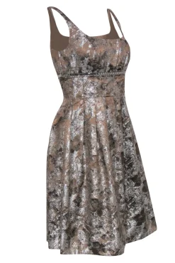 Carmen Marc Valvo - Taupe & Silver Pleated A-Line Dress w/ Rhinestones Sz 4