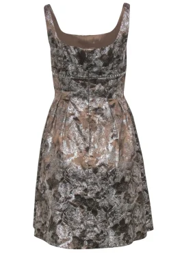 Carmen Marc Valvo - Taupe & Silver Pleated A-Line Dress w/ Rhinestones Sz 4