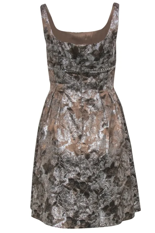 Carmen Marc Valvo - Taupe & Silver Pleated A-Line Dress w/ Rhinestones Sz 4