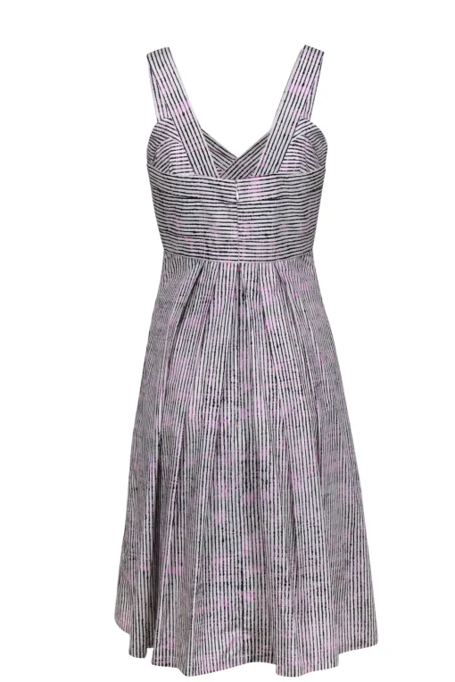 Carolina Herrera - Ivory w/ Pink & Black Stripe Print Cotton Midi Dress Sz 8