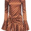 Caroline Constas - Brown & White Polka Dot Satin Bell Sleeve Dress w/ Ruching Sz M