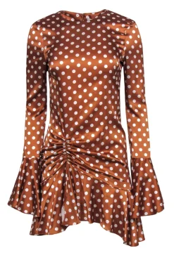 Caroline Constas - Brown & White Polka Dot Satin Bell Sleeve Dress w/ Ruching Sz M