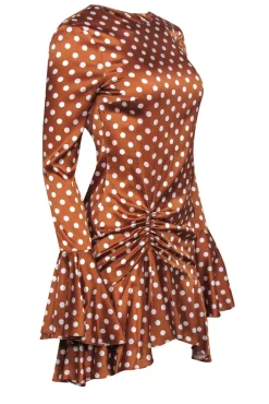 Caroline Constas - Brown & White Polka Dot Satin Bell Sleeve Dress w/ Ruching Sz M