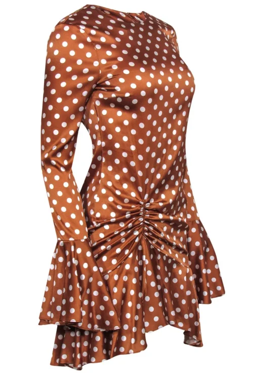 Caroline Constas - Brown & White Polka Dot Satin Bell Sleeve Dress w/ Ruching Sz M