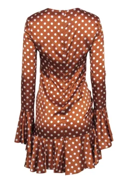 Caroline Constas - Brown & White Polka Dot Satin Bell Sleeve Dress w/ Ruching Sz M