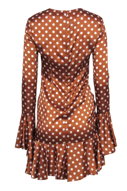 Caroline Constas - Brown & White Polka Dot Satin Bell Sleeve Dress w/ Ruching Sz M