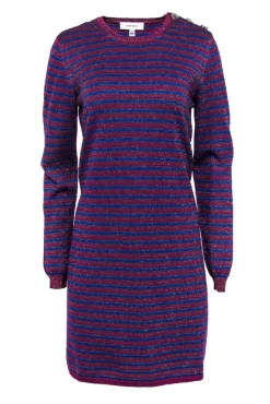 Carven - Blue & Plum Striped Metallic Knitted Sweater Dress Sz L