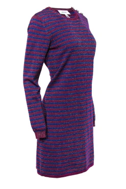 Carven - Blue & Plum Striped Metallic Knitted Sweater Dress Sz L