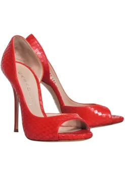 Casadei - Orange Snakeskin Textured Open Toe Pumps Sz 6