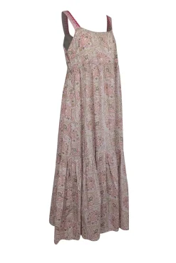 Cassandra Harper - Cream, Pink, Green, & Beige Print Sleeveless Maxi Dress Sz L