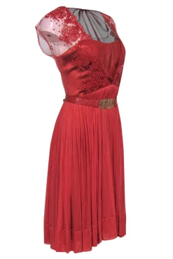 Catherine Deane - Burnt Orange Belted “Paige” A-Line Dress w/ Leather & Lace Bodice Sz 10