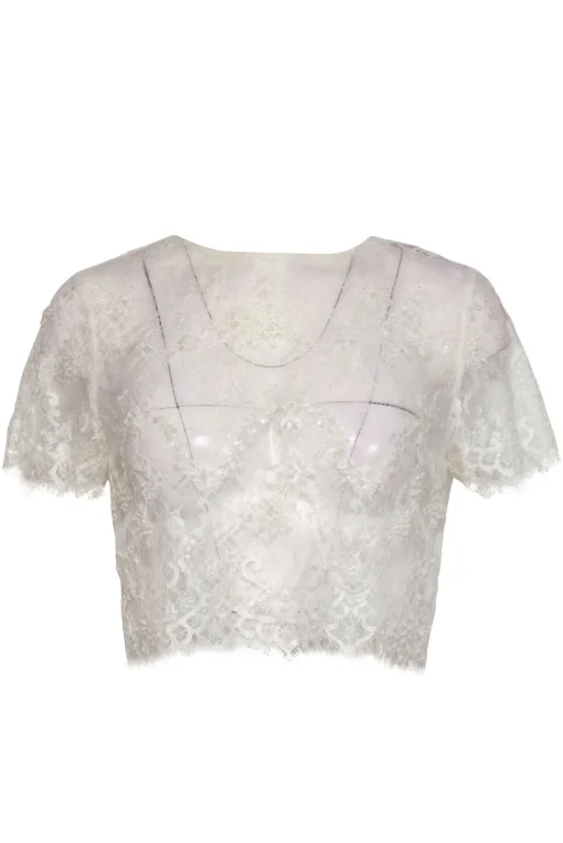 Catherine Deane - White Lace Sheer Cropped Top w/ Pearl Beading Sz 4