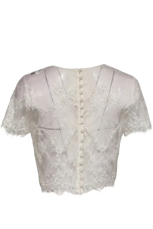 Catherine Deane - White Lace Sheer Cropped Top w/ Pearl Beading Sz 4