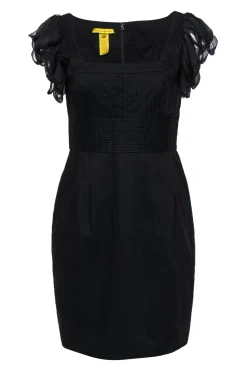 Catherine Malandrino - Black Pintuck Dress w/ Stripped Sleeves Sz 8