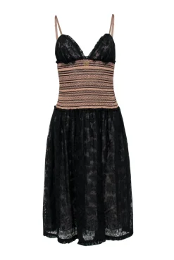 Catherine Malandrino - Black & Nude Lace Fit & Flare Dress w/ Smocked Waist Sz 6