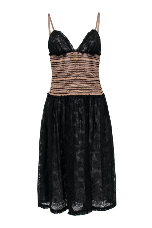 Catherine Malandrino - Black & Nude Lace Fit & Flare Dress w/ Smocked Waist Sz 6