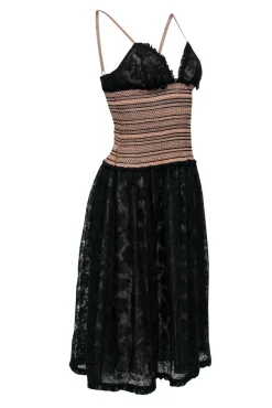 Catherine Malandrino - Black & Nude Lace Fit & Flare Dress w/ Smocked Waist Sz 6