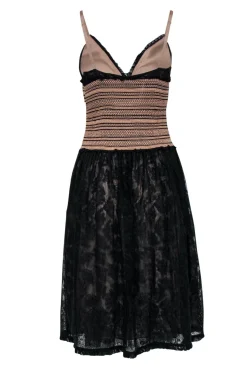 Catherine Malandrino - Black & Nude Lace Fit & Flare Dress w/ Smocked Waist Sz 6