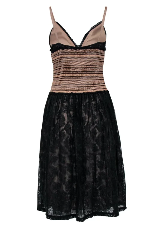 Catherine Malandrino - Black & Nude Lace Fit & Flare Dress w/ Smocked Waist Sz 6