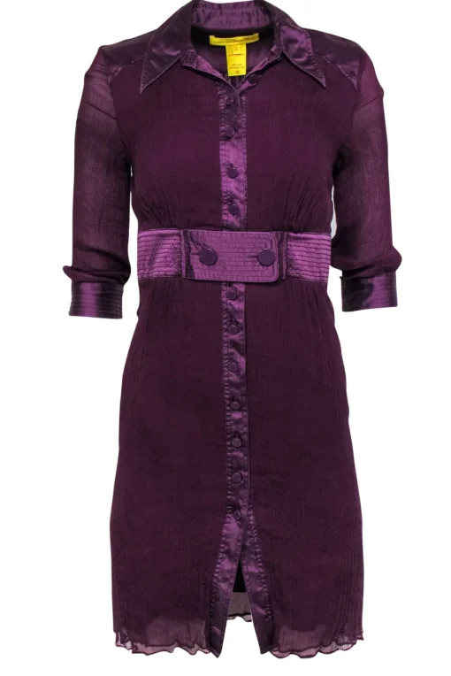 Catherine Malandrino - Plum Micro-Pleated Silk Belted Shirt Dress Sz 0