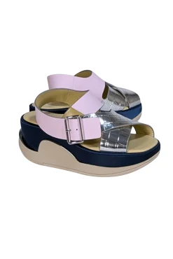 4CCCCEES - Pastel Pink, Navy, Silver, & Beige Strappy Platform Sandals Sz 7