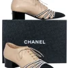 Chanel - Beige, Black, & Pearl Low Heel Loafers Sz 9