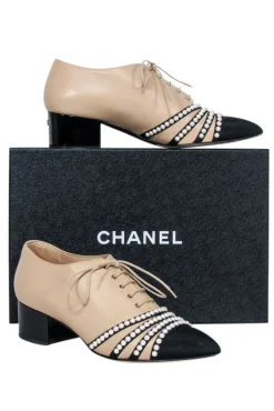 Chanel - Beige, Black, & Pearl Low Heel Loafers Sz 9